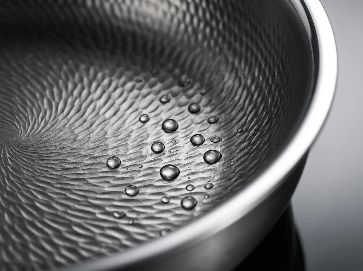 Macro Close-Up of Water Droplets Beading on Joyhnny Lotus Micro-Textured Titanium Surface
